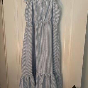 Aqua Blue and White Ruffled One-Shoulder Sundress Sz L